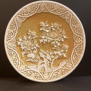Vintage Chinese Floral Carved Lacquer 8 Inch Plate Cream and Yellow
